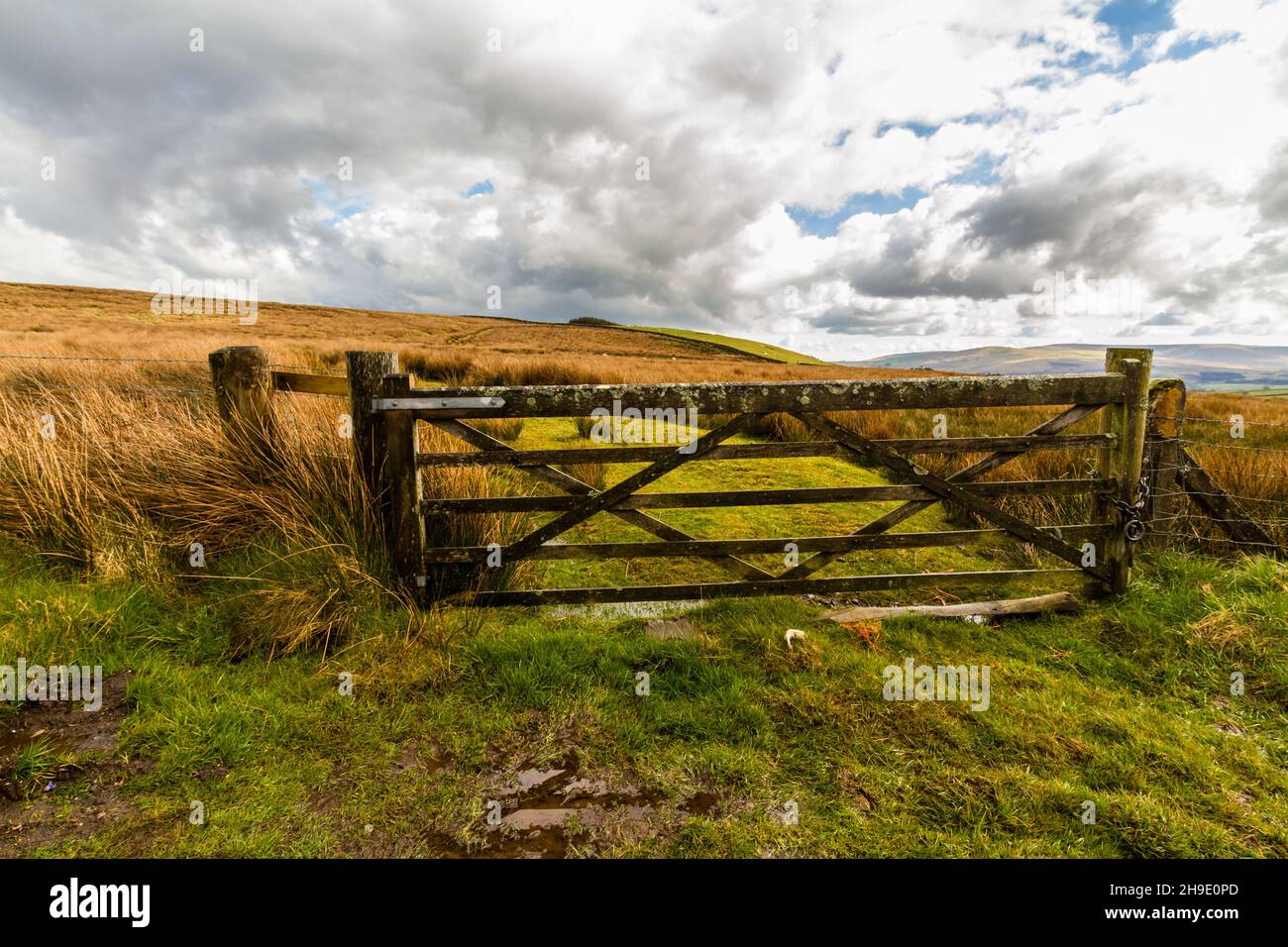 Rural gate with upland UK moorland behind Stock Photo