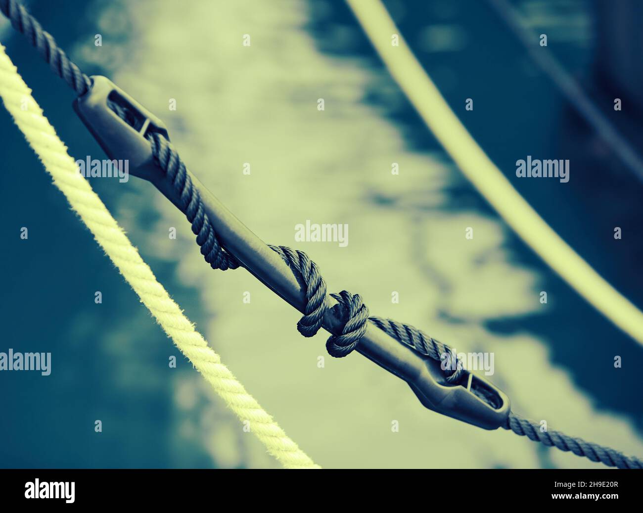 Mooring compensator of rope tension. Detail of boat Stock Photo Alamy