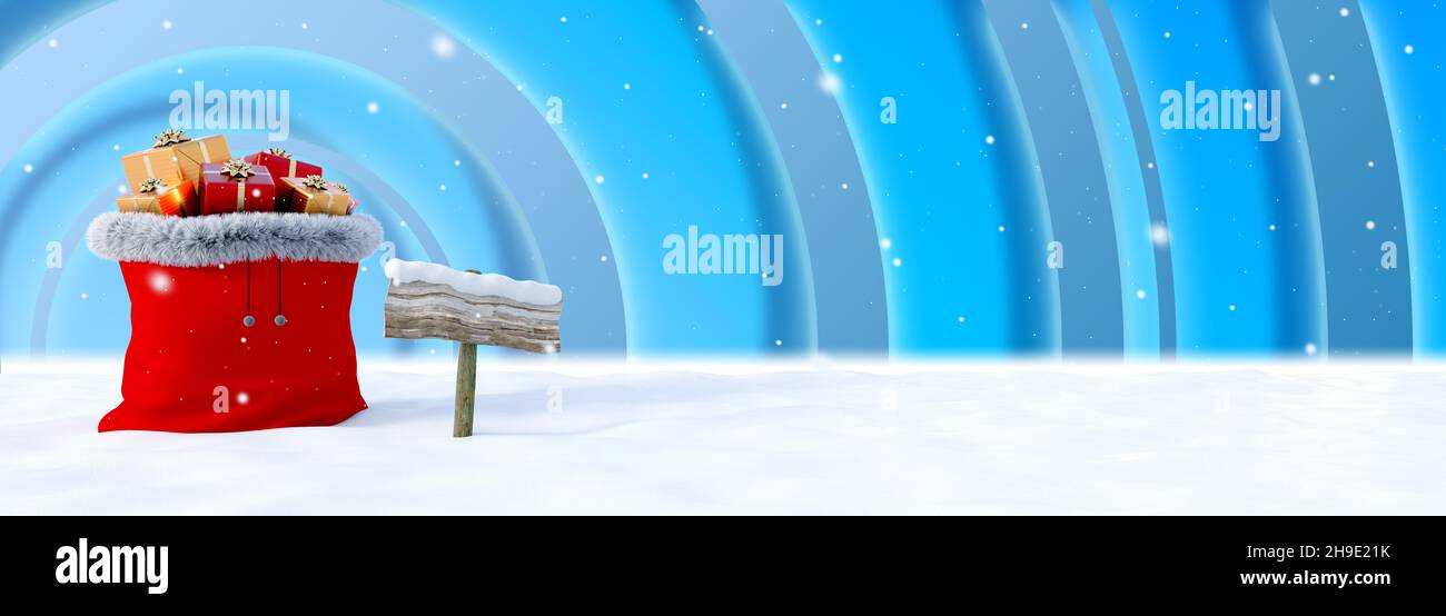 Christmas themed banner with hood full of gift packages and falling snow - 3D rendering Stock Photo