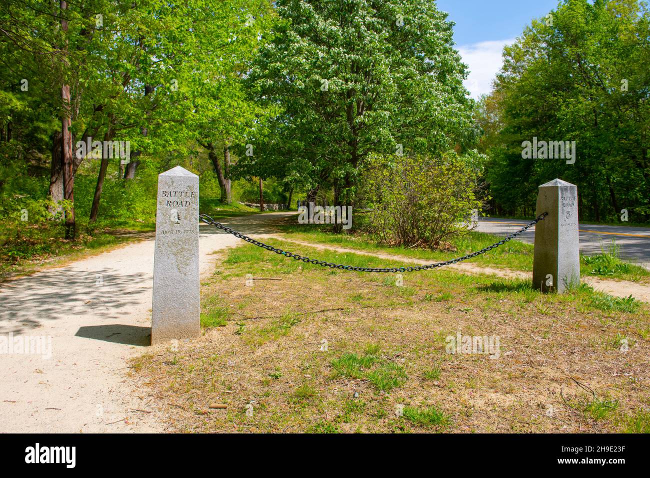 Battle Road Trail in spring in Minute Man National Historic Park in town of Lexington, Massachusetts MA, USA. Stock Photo