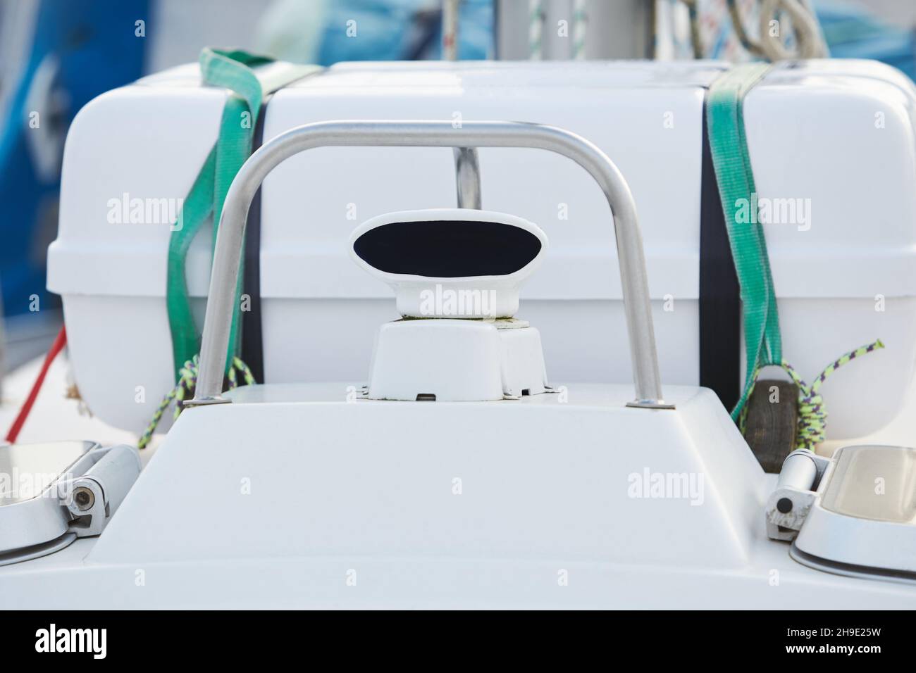 Details of stainless steel air intake on a teak deck of a luxury