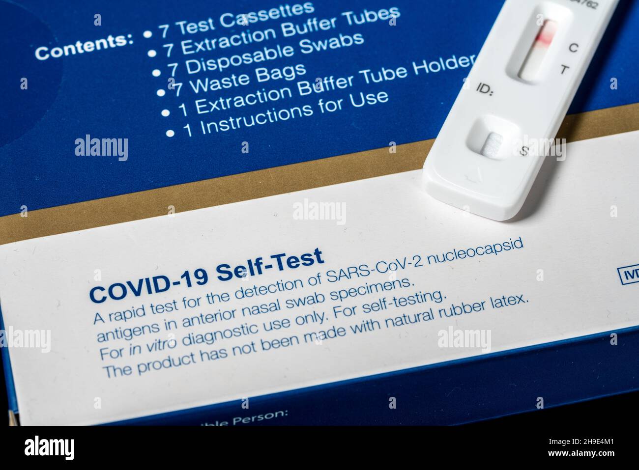 Box containing self test Covid-19 antigen tests with result showing a negative test for the coronavirus Stock Photo