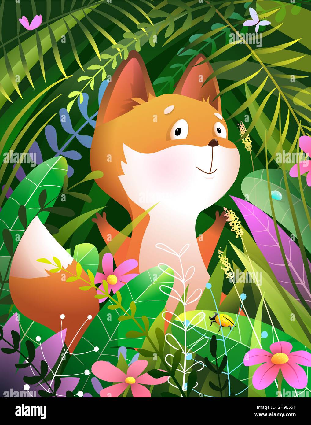 Cute Baby Fox Peeping from Grass Stock Vector