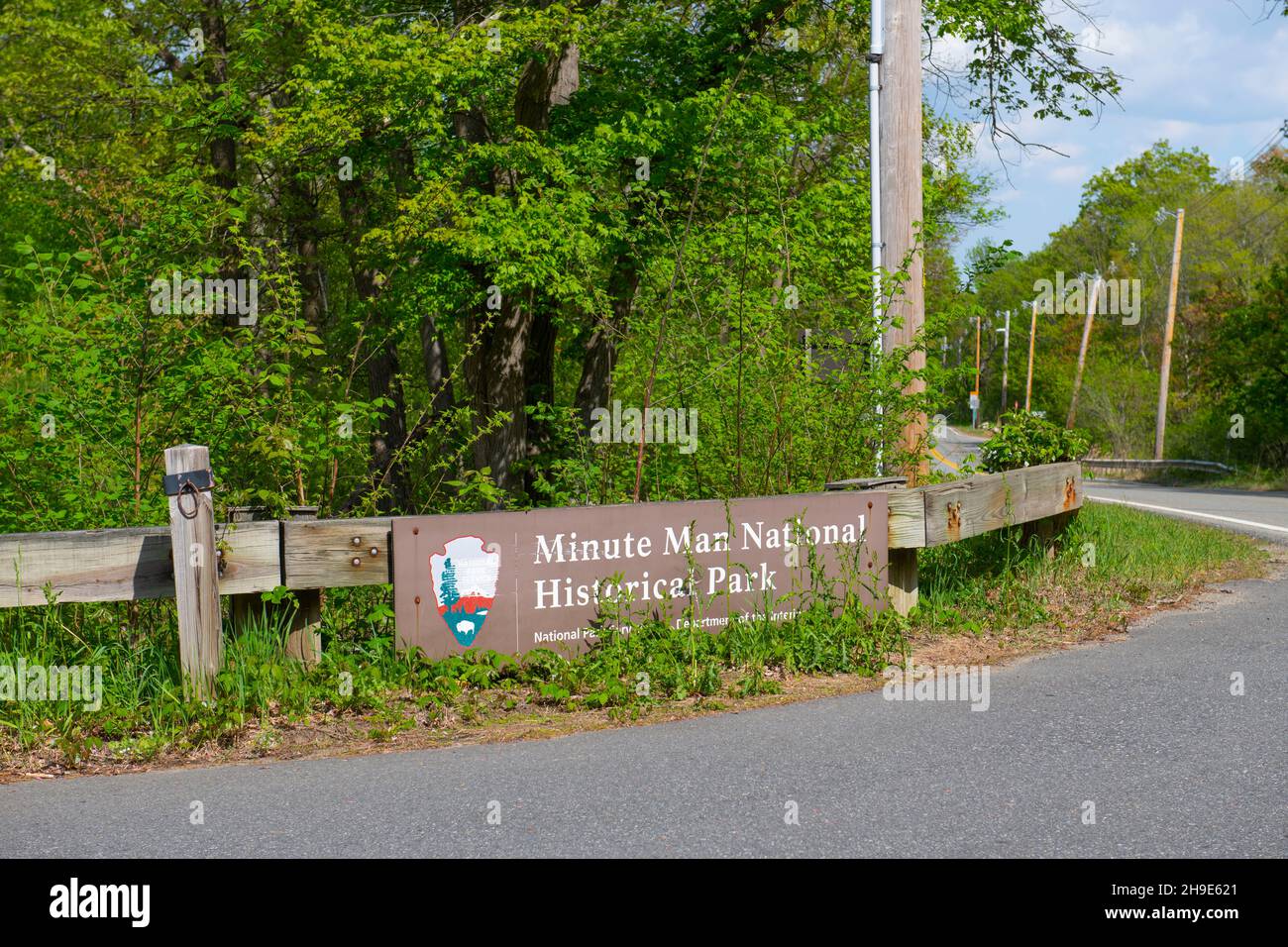 Entrance sign of Minute Man National Historic Park in town of Lexington, Massachusetts MA, USA. Stock Photo