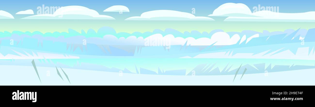 Snowdrift scene. Winter rural landscape with cold white snow and drifts. Beautiful frosty view of countryside hilly plain. Flat design cartoon style Stock Vector