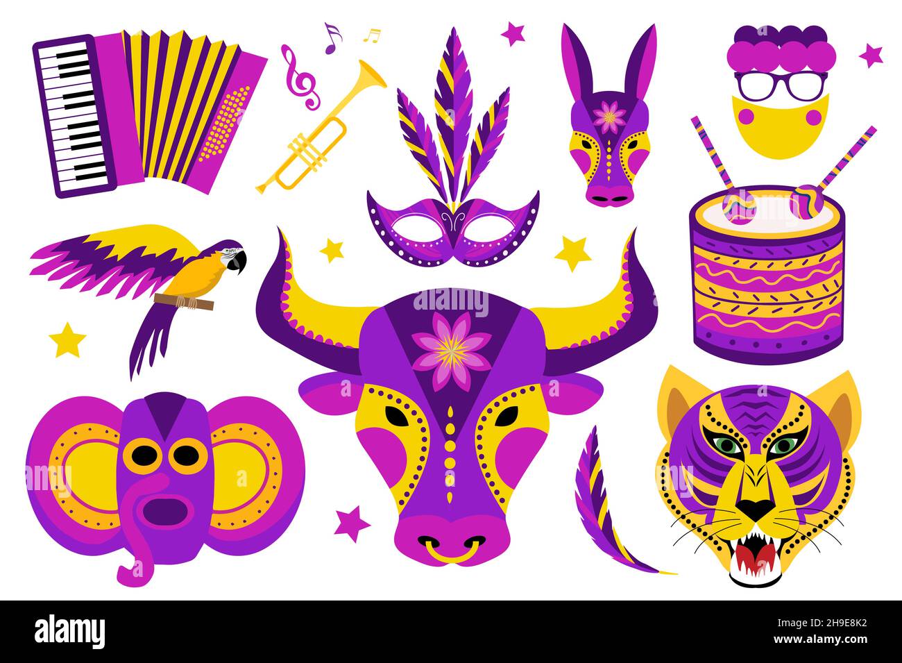 Barranquilla Carnival icons set. Colombian carnaval party collection of design elements with masks, button accordion, drum. For posters, flyers your Stock Vector