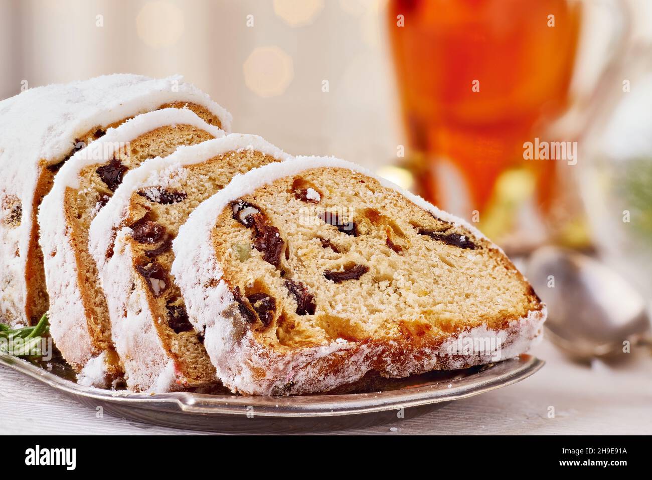 Traditional Christmas cake close-up on light wooden table Stock Photo