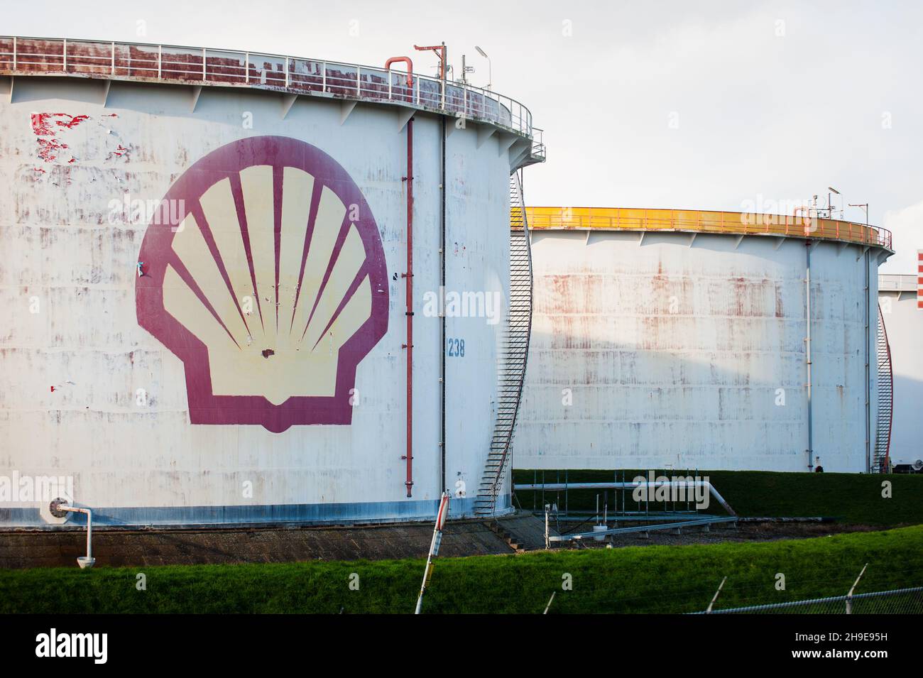 Storage tanks in the oil refinery in Pernis of Shell Netherlands. Stock Photo