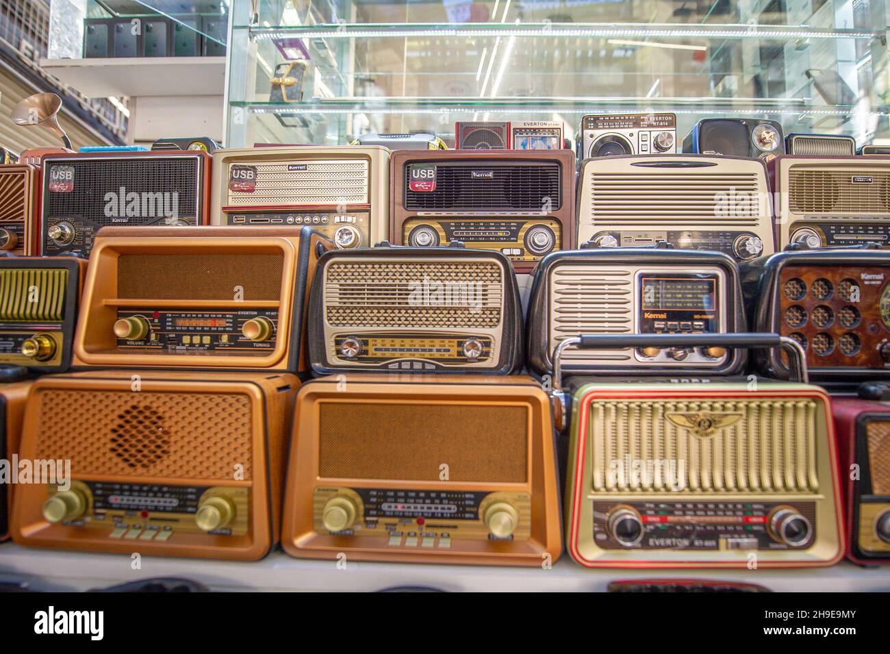 Collection of old radios on a stall in the Turkish Stock Photo