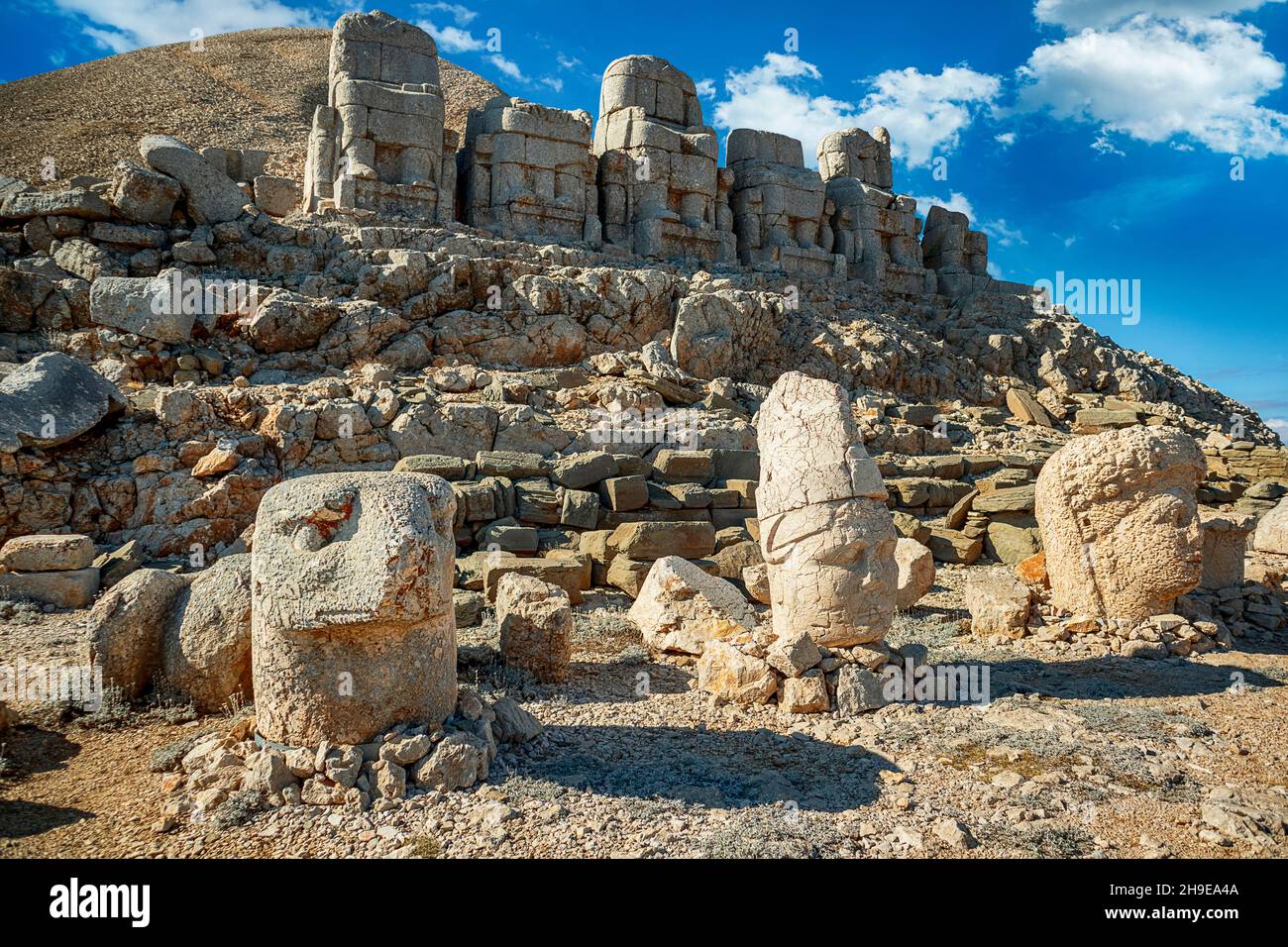 Ancient statues on top of the Nemrut Mountain in Adiyaman, Turkey. The UNESCO World Heritage Site. King Antiochus of Commagene tomb. Stock Photo
