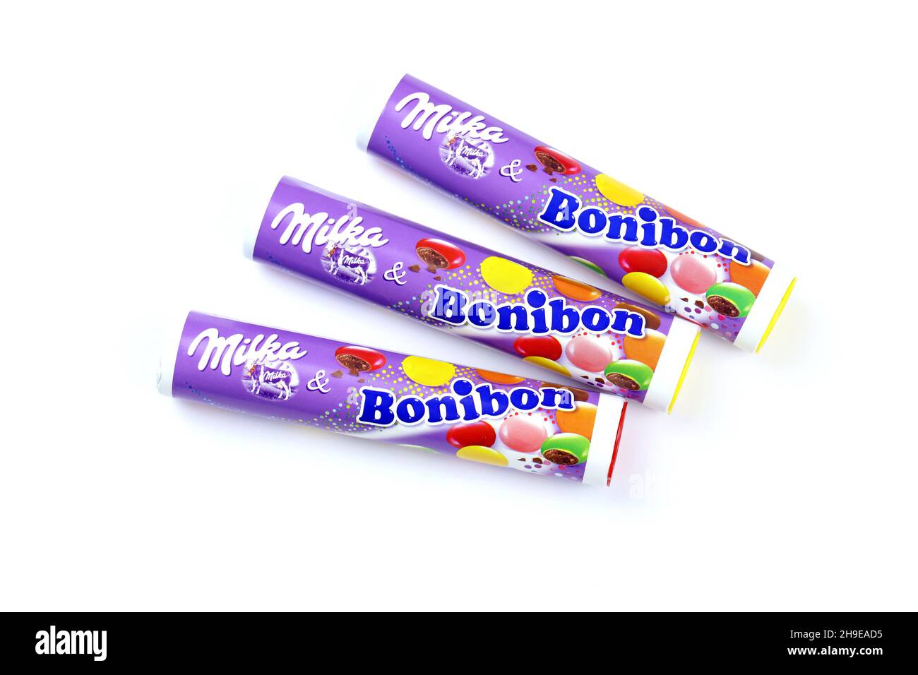 KHARKOV, UKRAINE - JULY 2, 2021: Bonibon Milka chocolate candies