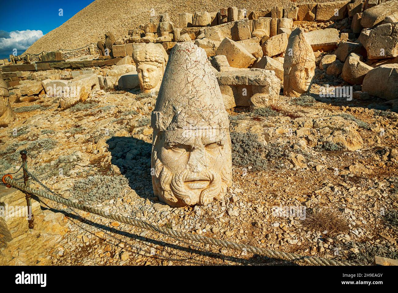 Ancient statues on top of the Nemrut Mountain in Adiyaman, Turkey. The UNESCO World Heritage Site. King Antiochus of Commagene tomb. Stock Photo