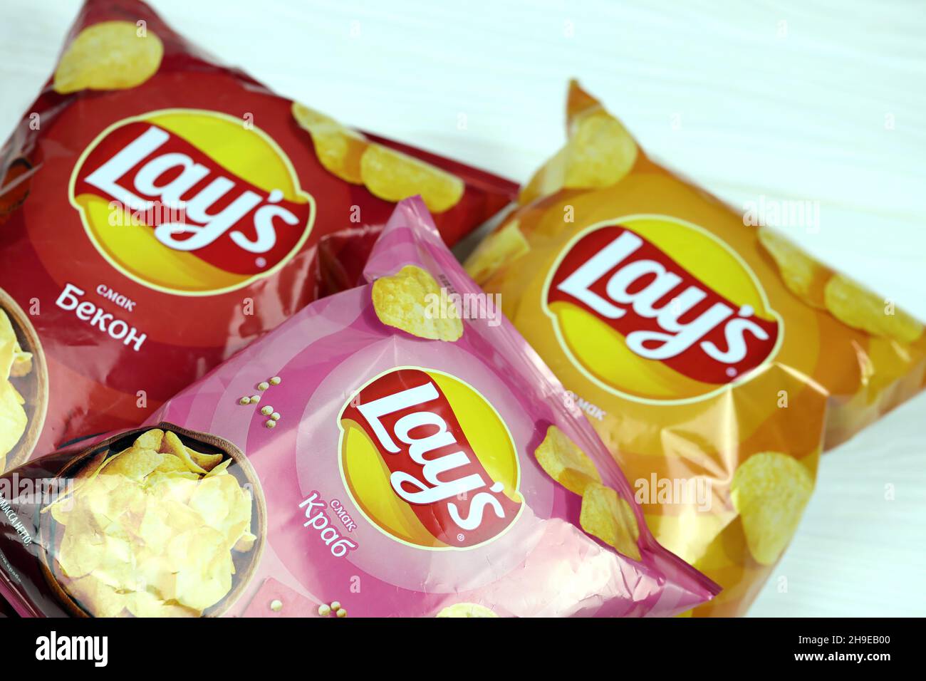 KHARKOV, UKRAINE - JANUARY 3, 2021: Various flavoured of lay's potato ...