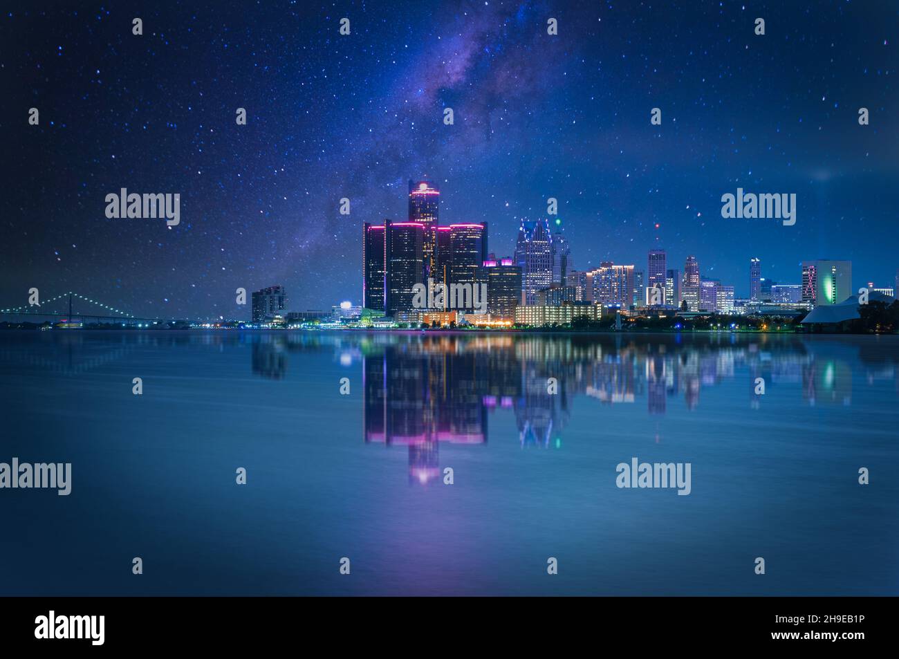 Detroit, Michigan skyline at night shot from Windsor, Ontario, USA Stock Photo