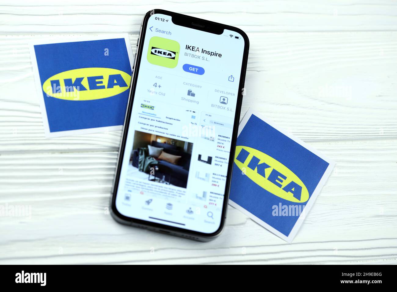 KHARKOV, UKRAINE - MARCH 5, 2021: Ikea icon and application from App store  on iPhone 12 pro display screen on white wooden table Stock Photo - Alamy