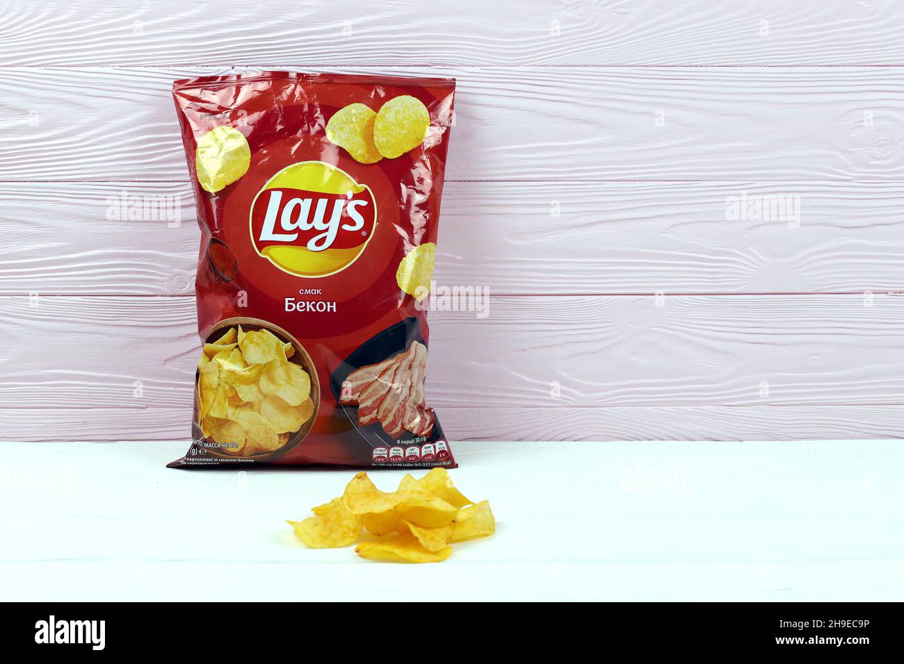KHARKOV, UKRAINE JANUARY 3, 2021 Lays potato chips with bacon flavour and original lays logo