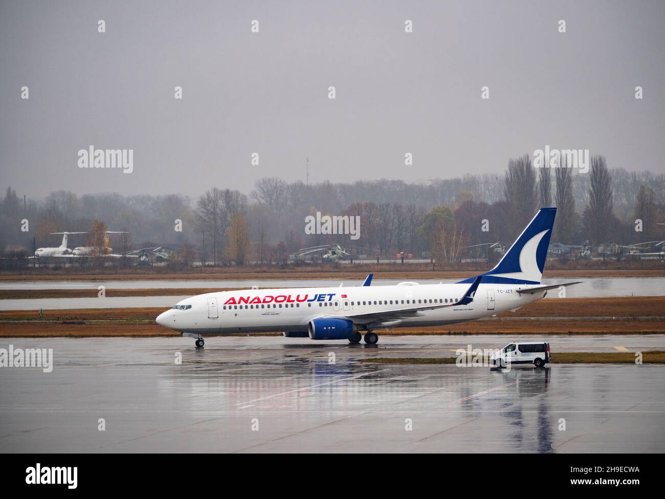 An Anadolu aircraft at Boryspil Airport. Since the beginning of 2021, Boryspil Airport has served more than 8 million passengers. Passenger traffic recovered by 71% compared to pre-crisis figures in October 2019 Stock Photo