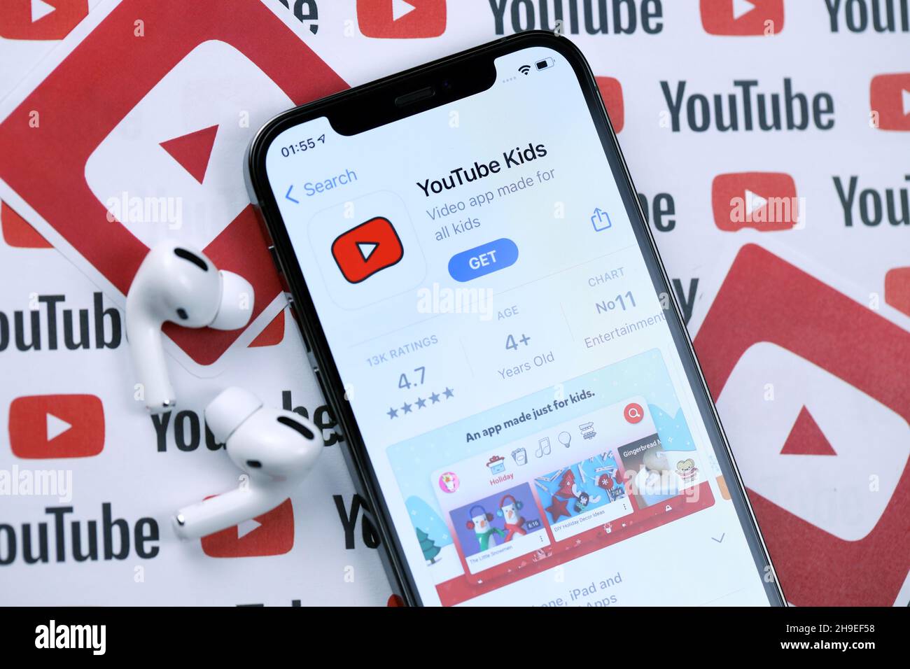 Kharkov Ukraine March 5 21 Youtube Kids Icon And Application From App Store On Iphone 12 Pro Display Screen With Airpods Pro On White Wooden Ta Stock Photo Alamy
