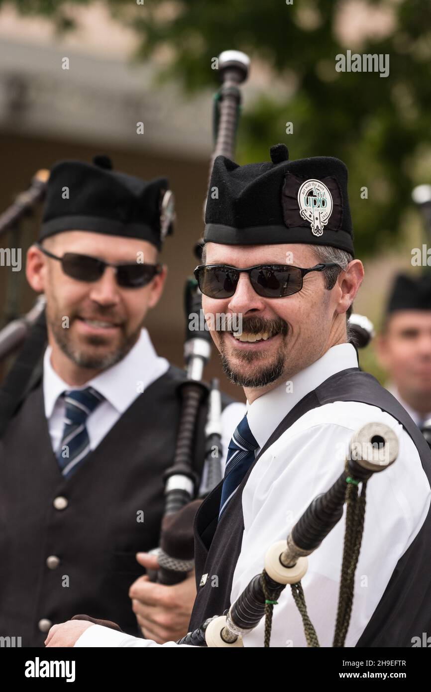 Bagpipers in full regalia prepare to perform at a Scottish festival in Moab, Utah. Stock Photo