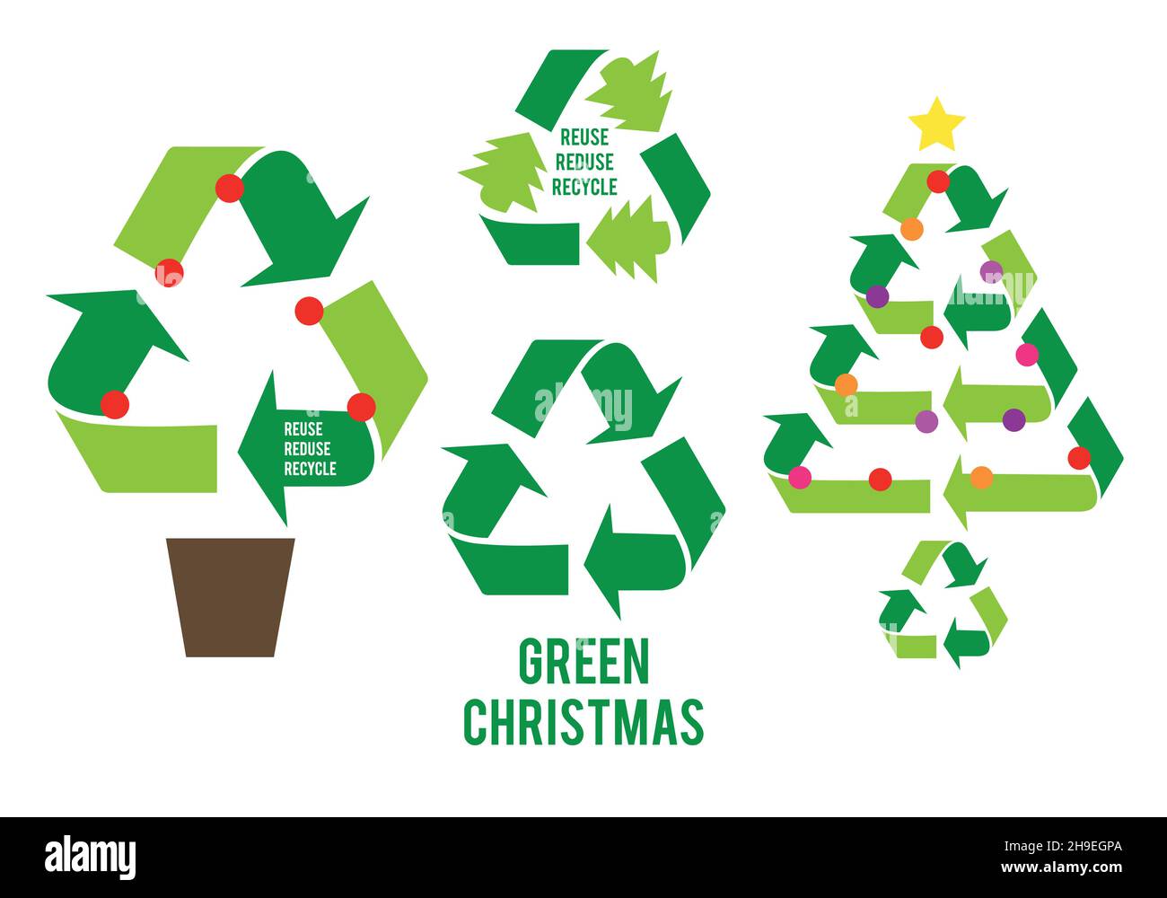 Green Christmas trees with recycling sign, reuse, reduce, recycle
