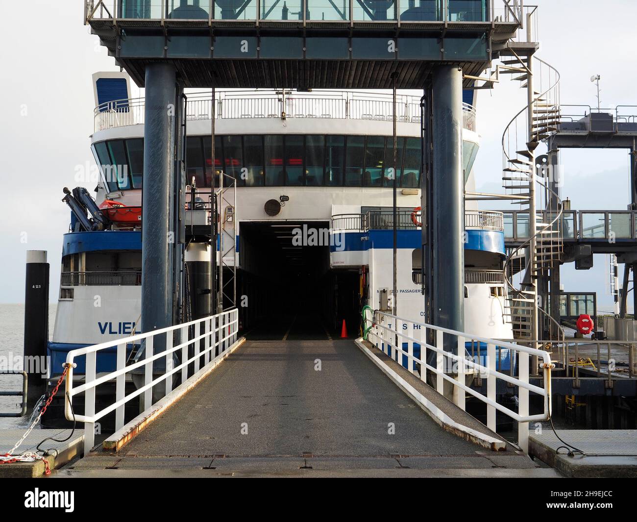 The car ramp of the Ferry from Vlieland island to Harlingen, Friesland, the Netherlands. The trip over the shallow Wadden sea takes about 90 minutes. Stock Photo