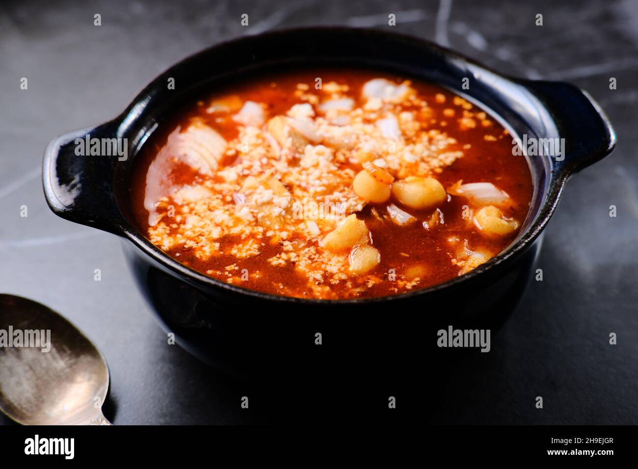 Mexican Pozole rojo chicken and hominy stew with crumbled cotija cheese ...