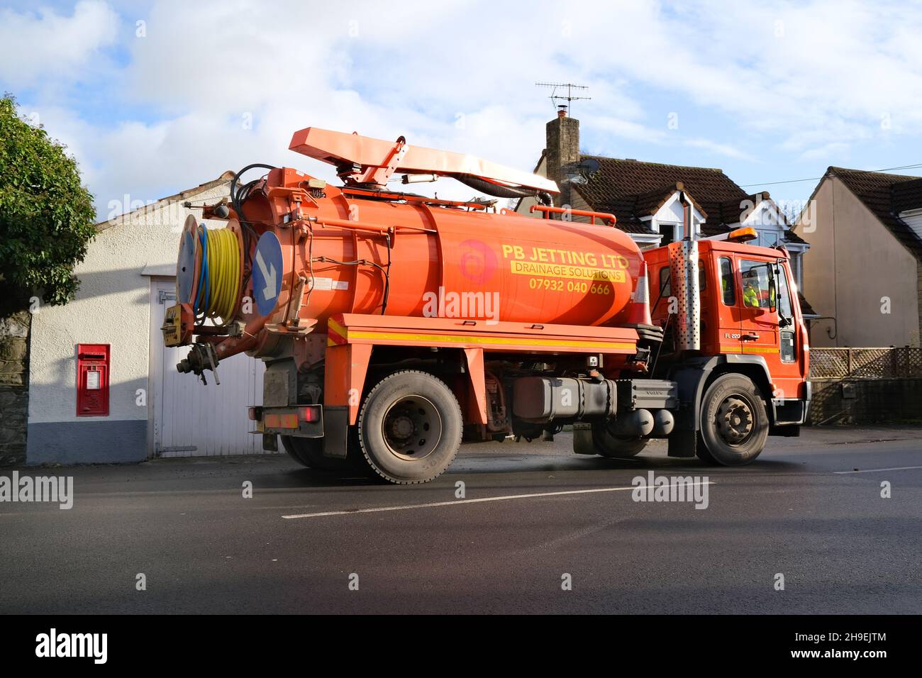 November 2021 - Drain jetting truck on call in the village of Cheddar, Somerset, UK. Stock Photo