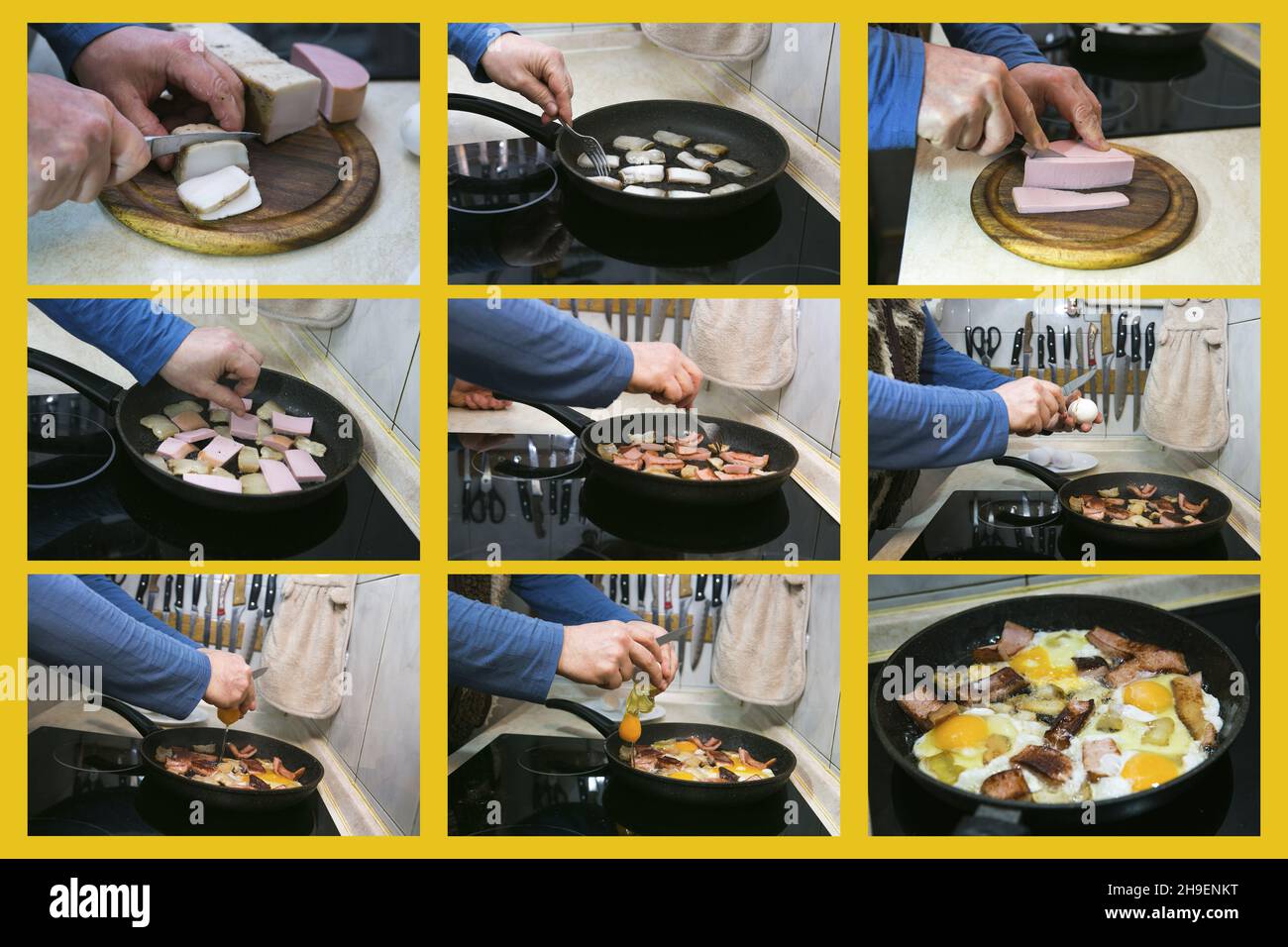 Step by step the process of cooking scrambled eggs with lard and sausage. collage of 9 photos. Home food concept. Stock Photo