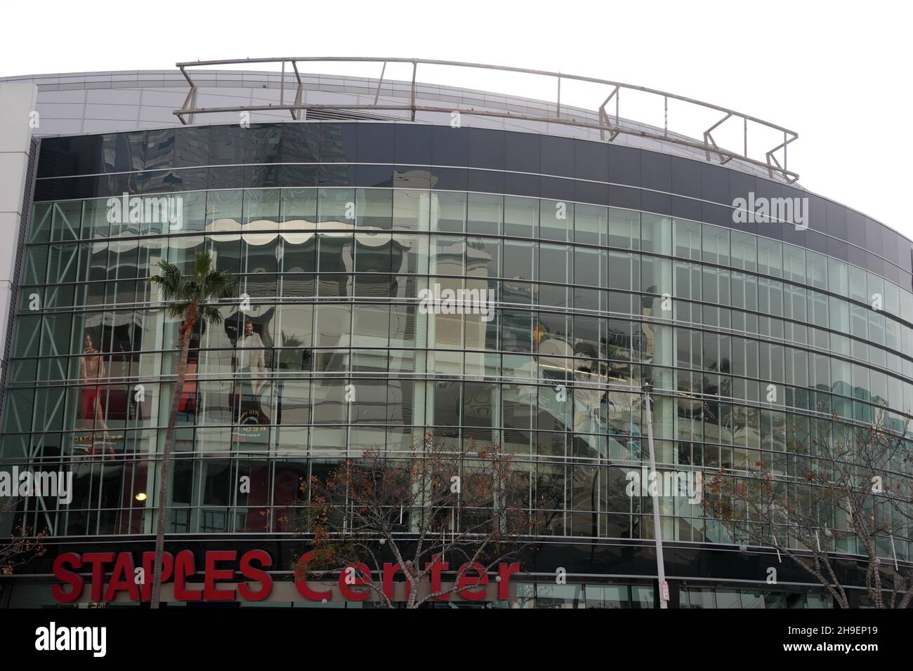 Signage at the Staples Center is removed in preparation for naming rights  change to the Crypto.com Arena, Monday, Dec. 6, 2021, in Los Angeles.  (Kirby Lee via AP Stock Photo - Alamy