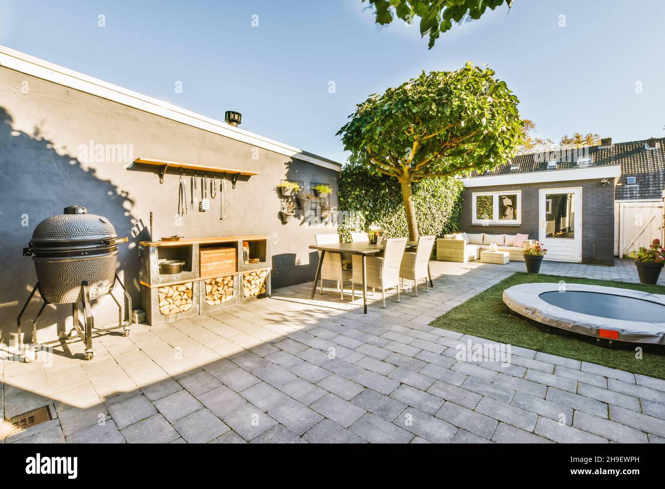 The courtyard of a house with well-groomed trees of a beautiful shape ...