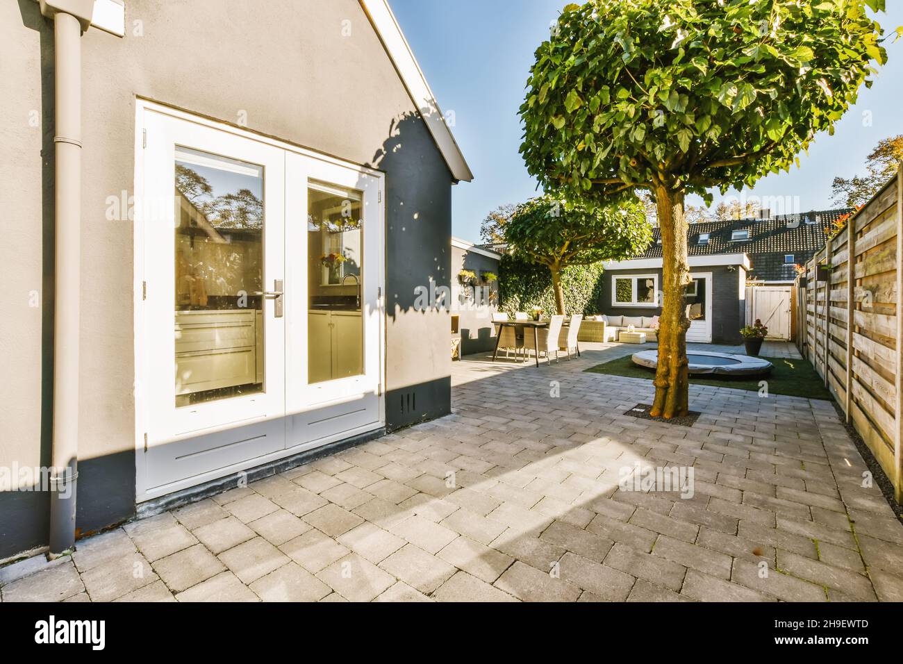 The courtyard of a house with well-groomed trees of a beautiful shape ...