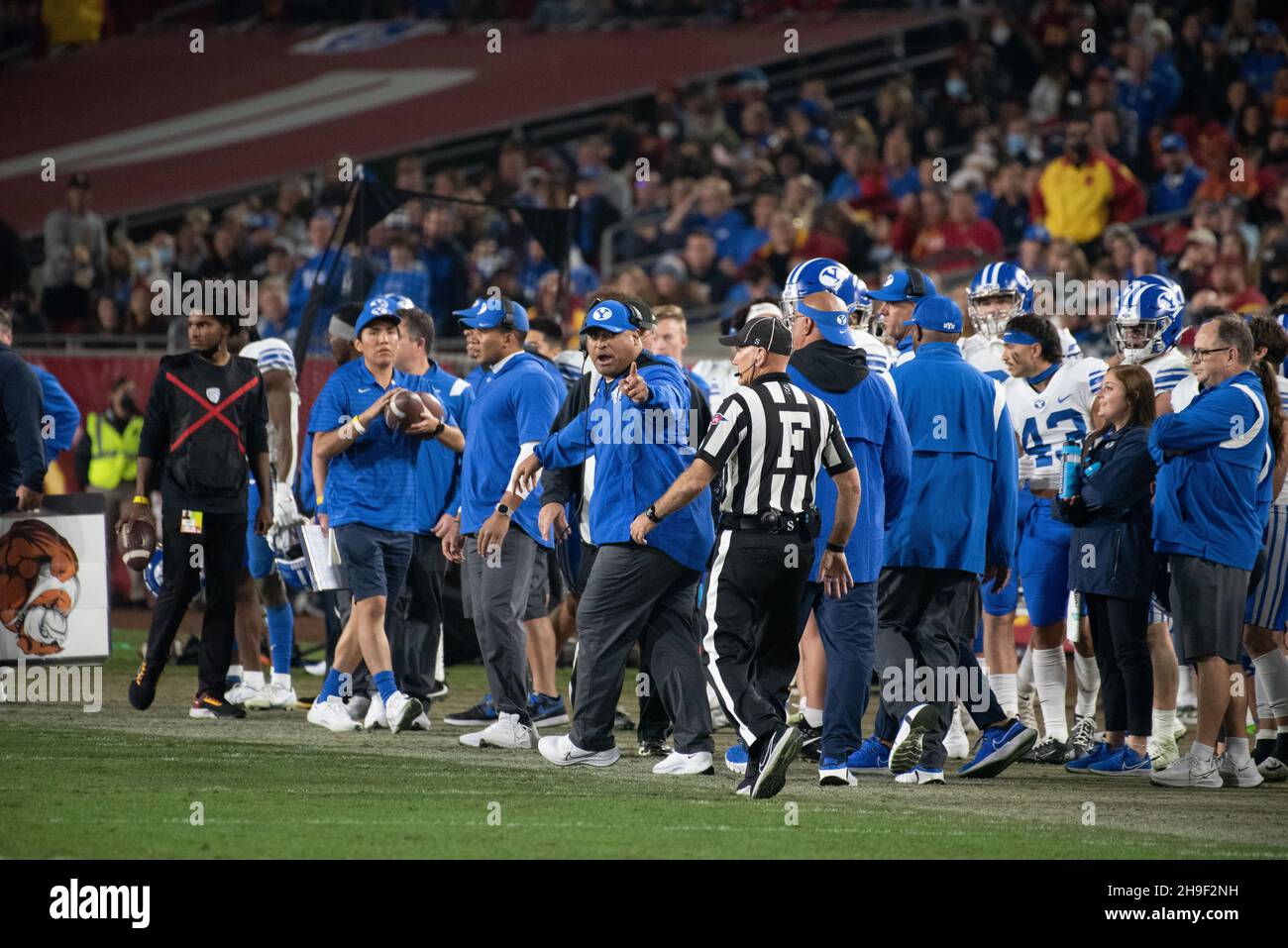 BYU Cougars head coach Kalani Sitake yells at refferie after being penalized during an NCAA college football game against the Southern California Troj Stock Photo