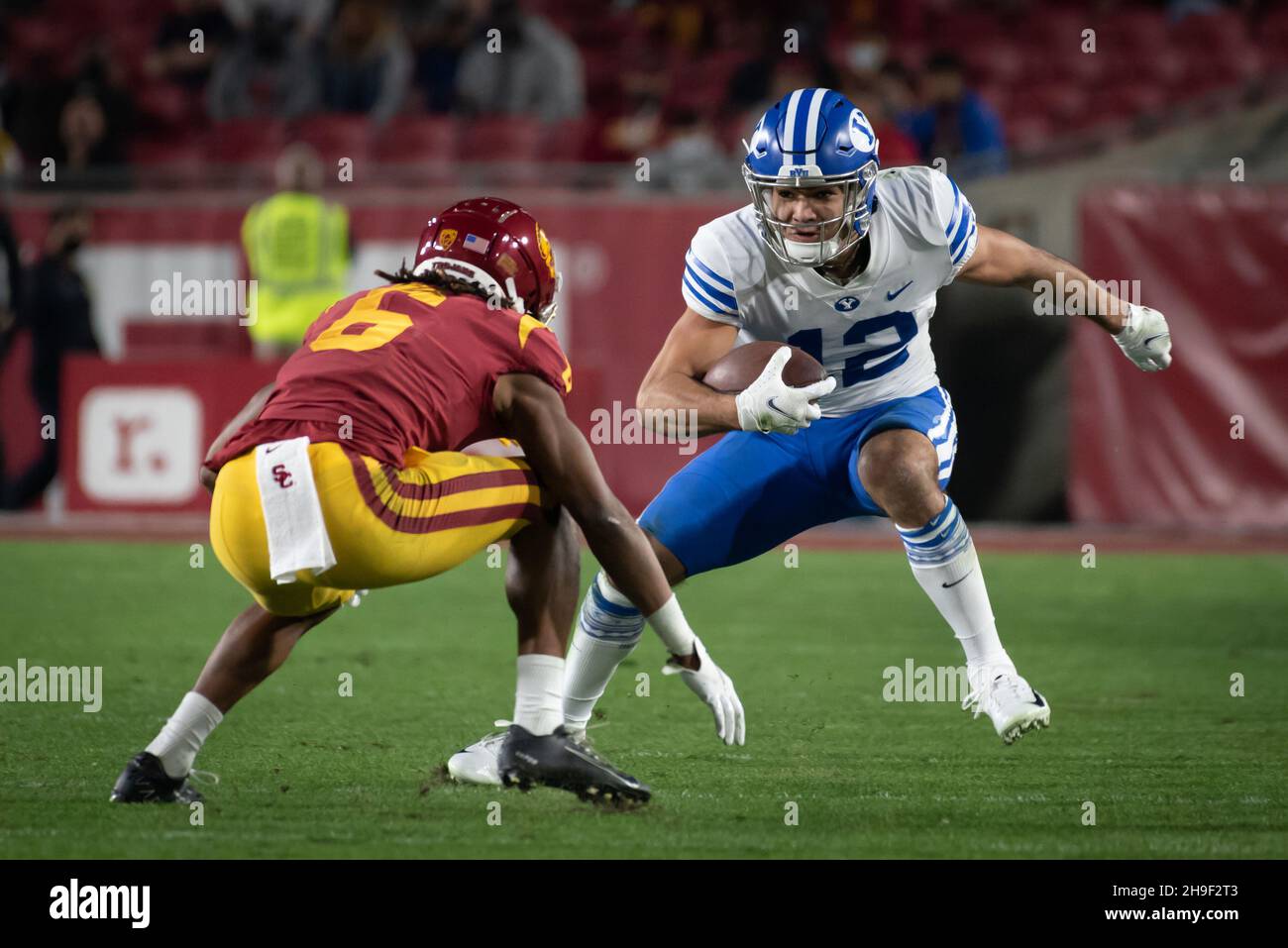 BYU Cougars wide receiver Puka Nacua (12) in action  during an NCAA college football game against the Southern California Trojans. The Cougars defeate Stock Photo
