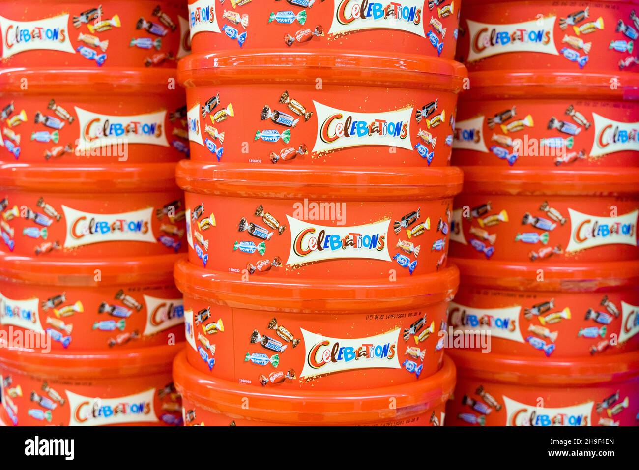 Stack of Cadbury's Celebrations Tubs in 650G in each tub Stock Photo