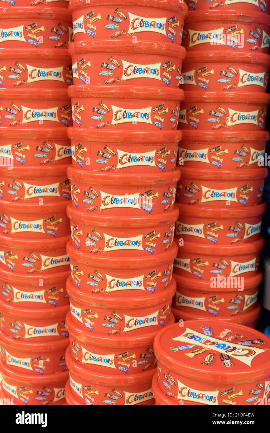 Stack of Cadbury's Celebrations Tubs in 650G in each tub Stock Photo