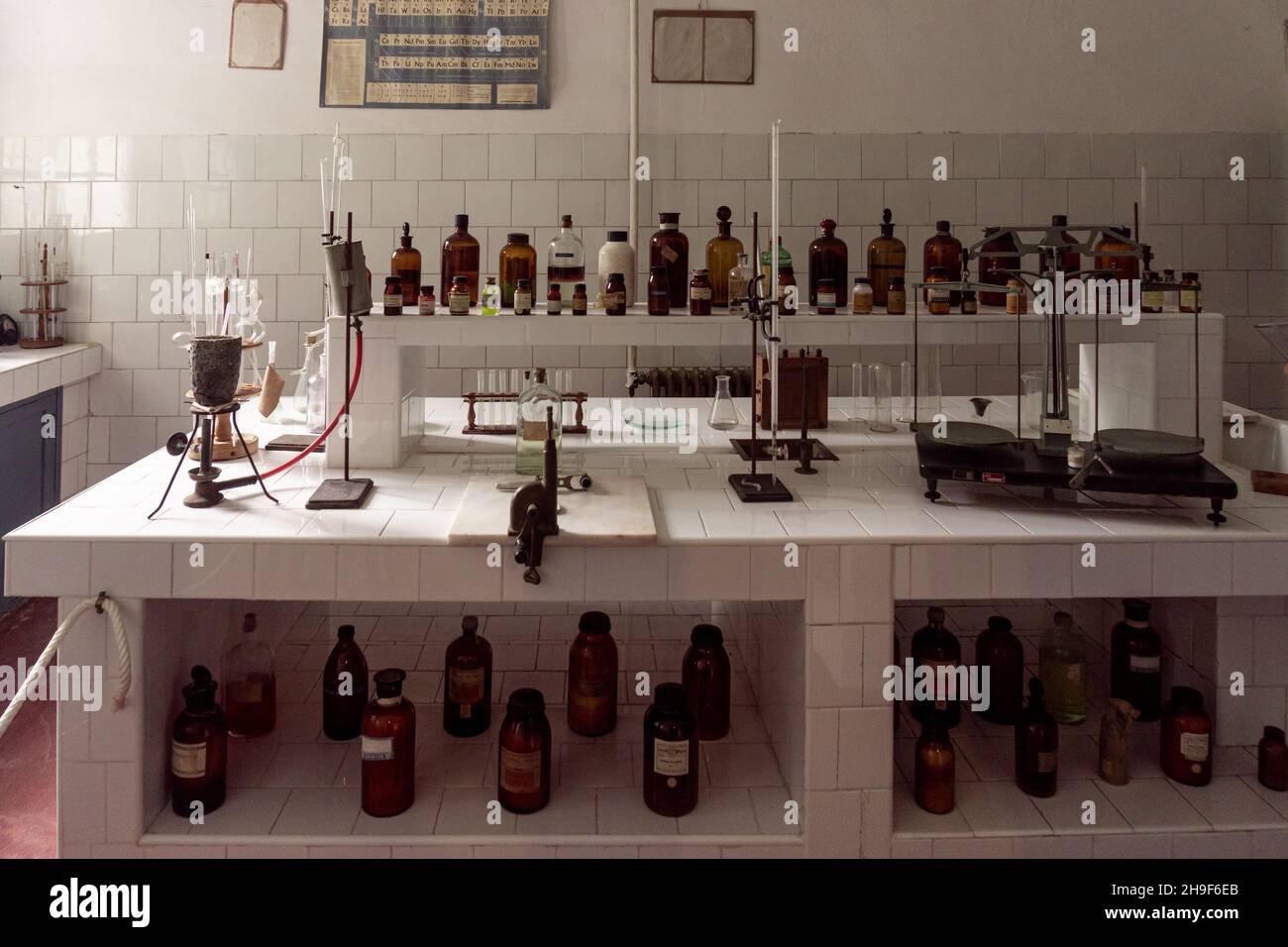 Chemicalbacteriological laboratory with a variety of bottles with