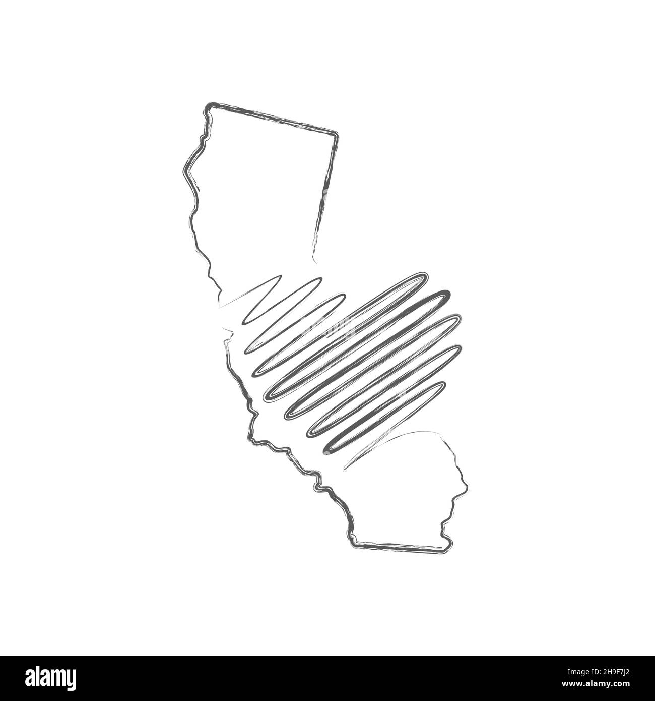 California US state hand drawn pencil sketch outline map with heart