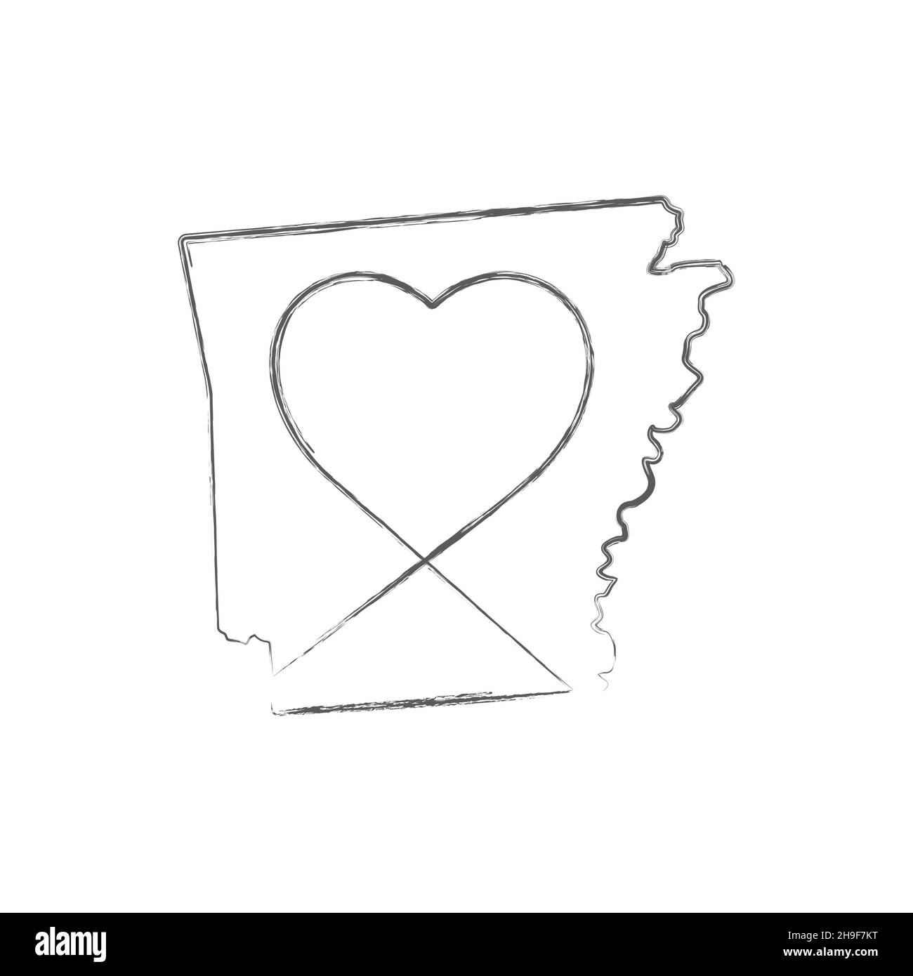 Arkansas US state hand drawn pencil sketch outline map with heart shape. Continuous line drawing of patriotic home sign. A love for a small homeland. Stock Vector