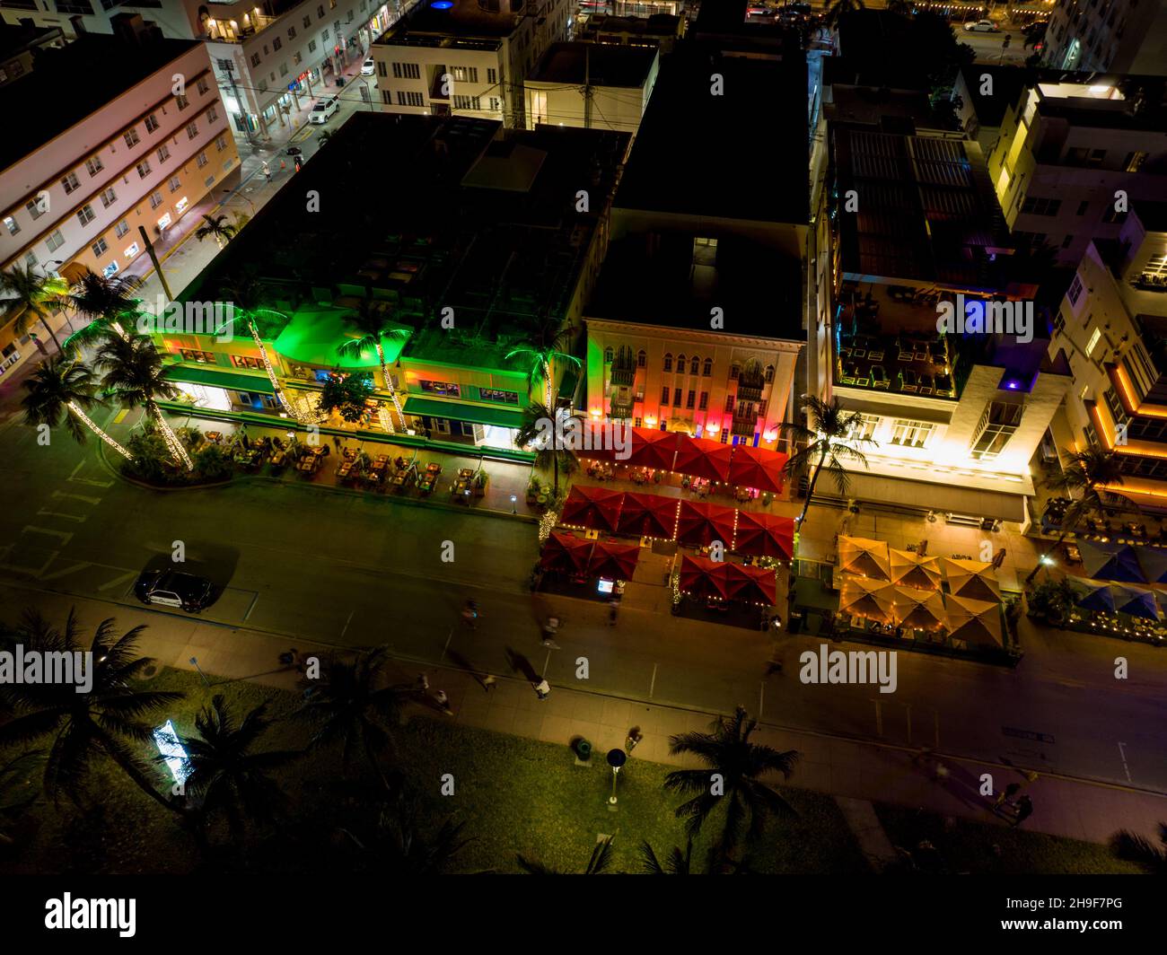 Aerial photo neon lights on Ocean Drive Miami Beach FL Stock Photo Alamy