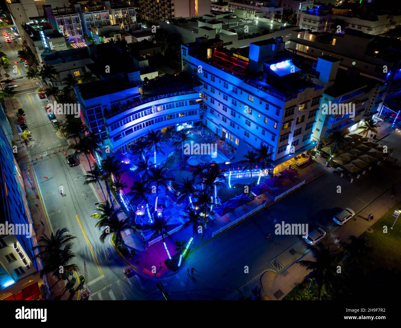 Neon blue lights at the Clevelander South Beach Miami FL Stock Photo