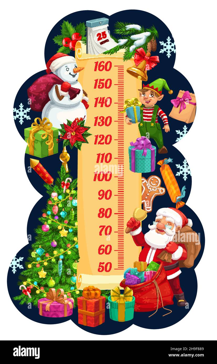 Kids height chart meter with Christmas tree, gifts of Santa and