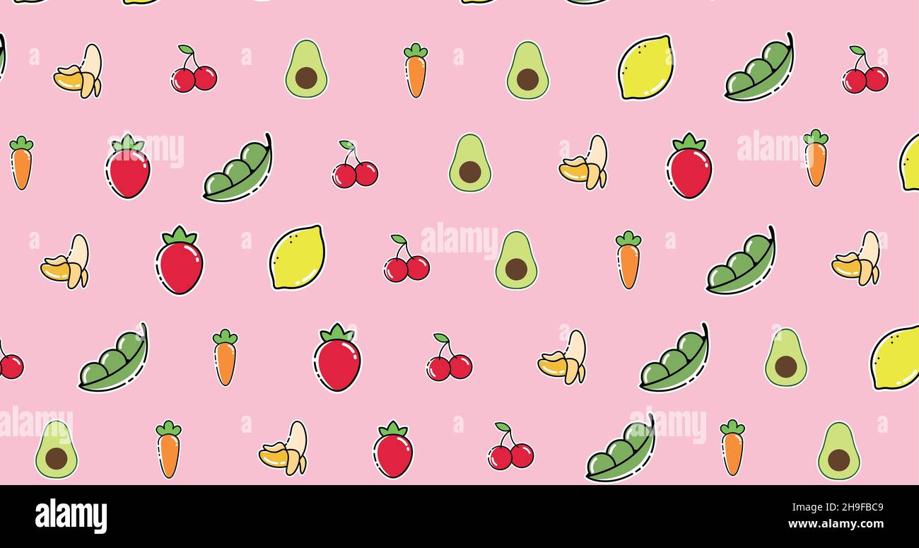 Vector image of various fruits and vegetables against pink background