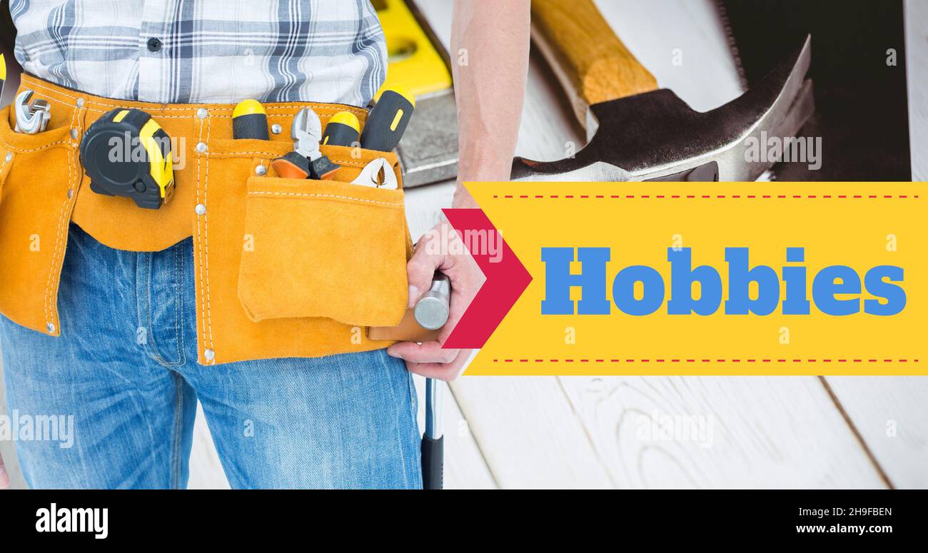 Composition of hobbies text and man with various work tools Stock Photo