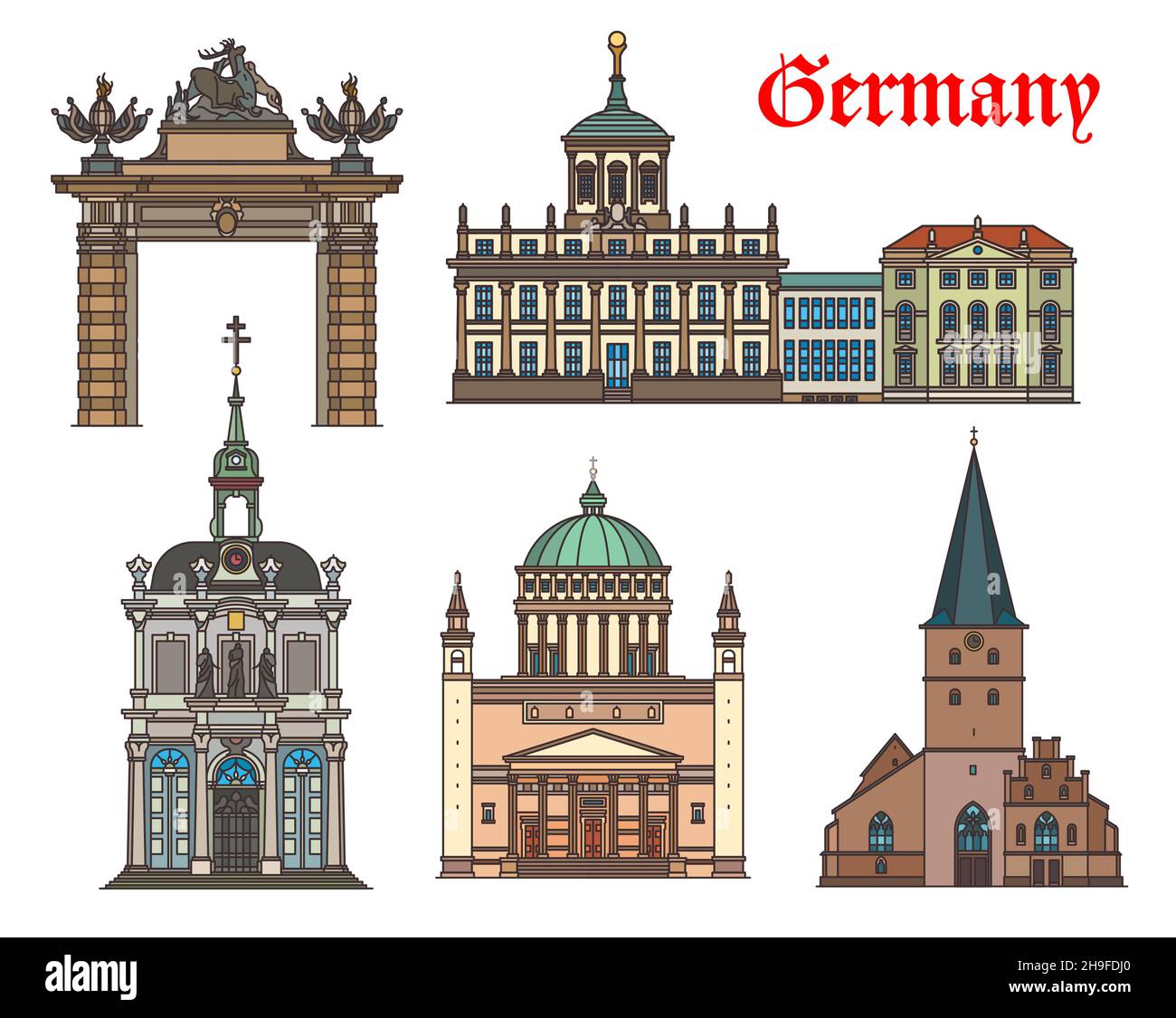 Germany churches and cathedrals, Potsdam and Bonn architecture and travel landmarks, vector. Potsdamer Stadttor or Jagertor, St. Remigius church in Bo Stock Vector