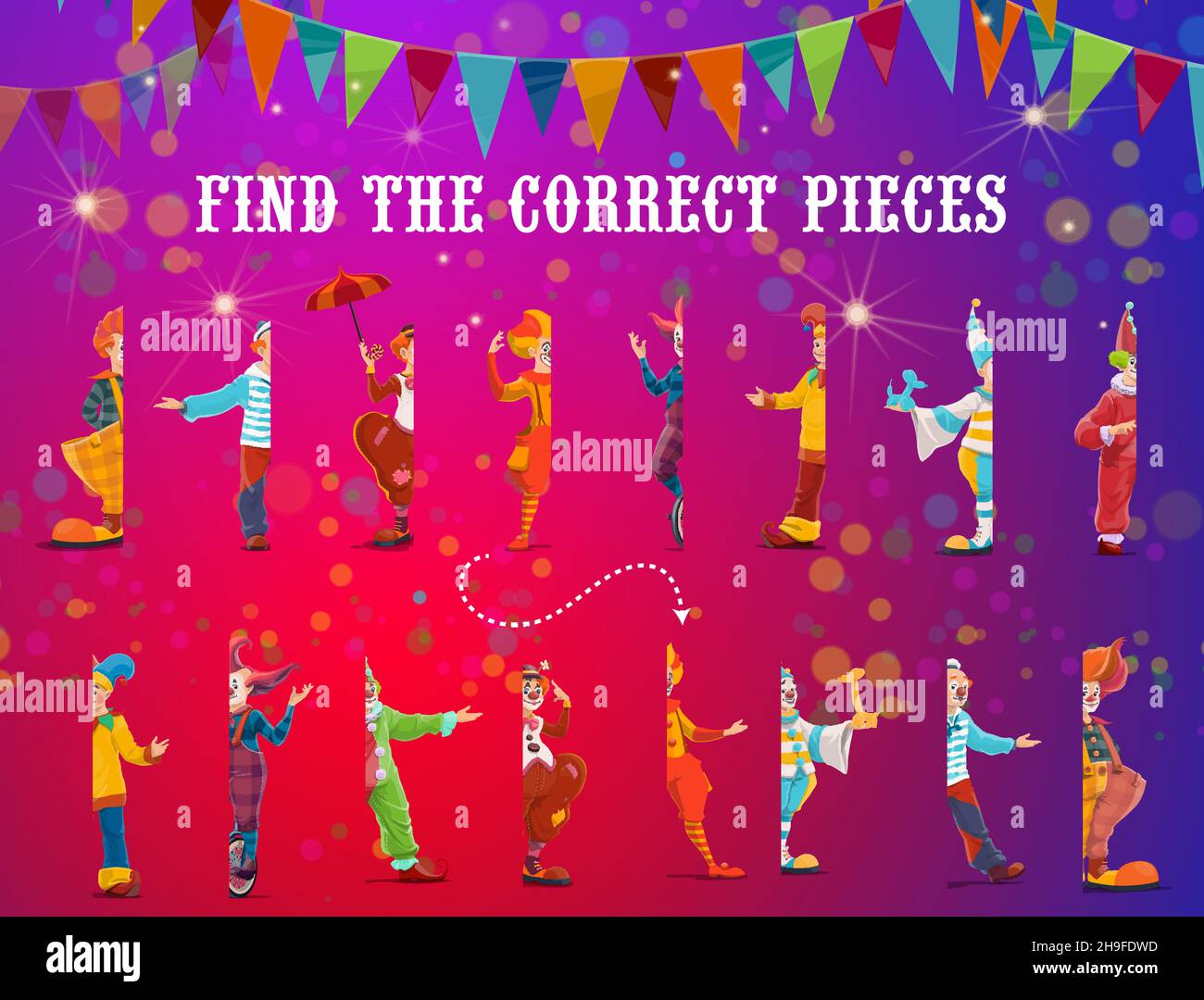 Kids riddle game, find correct circus clown half, vector find match ...