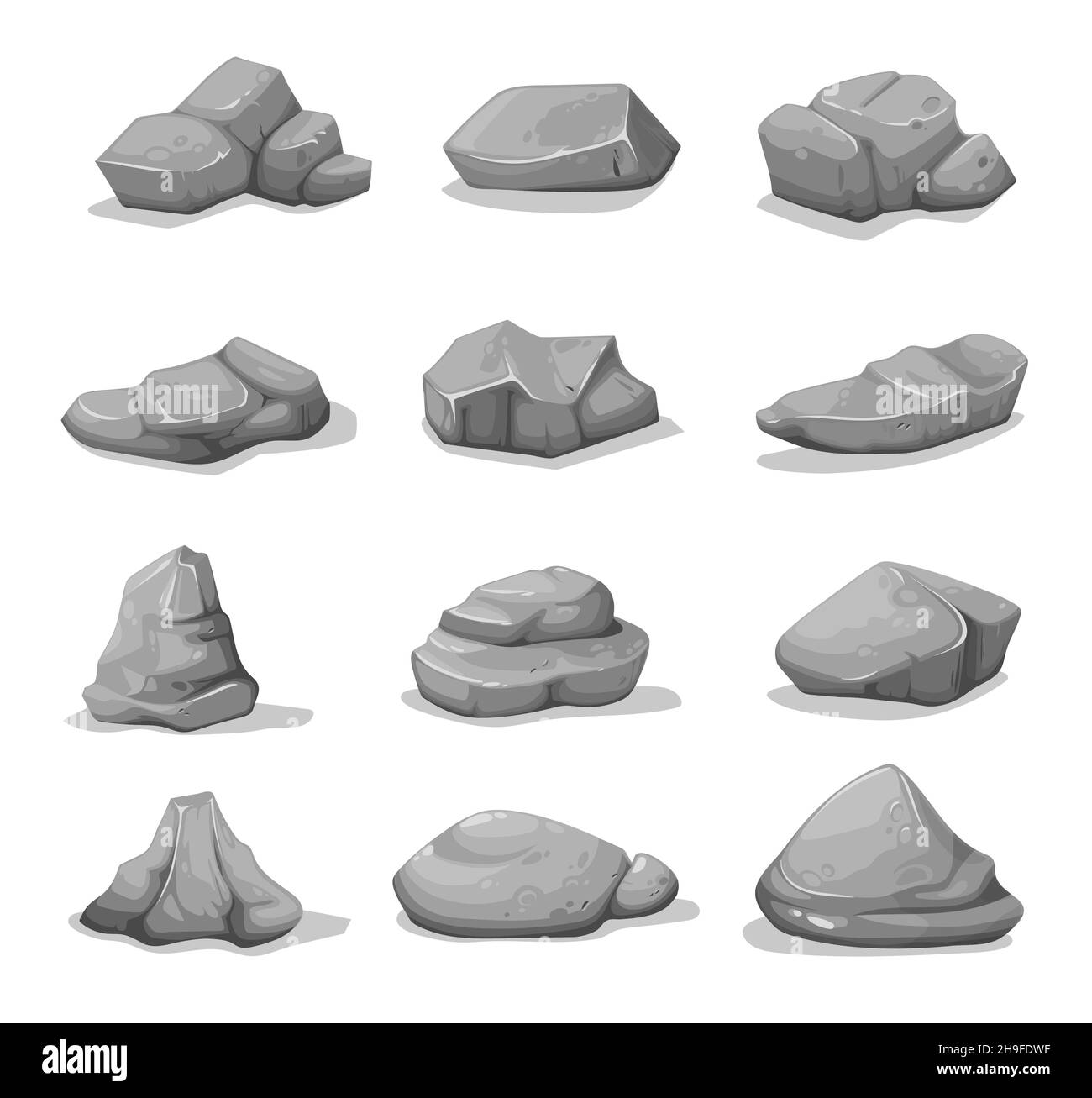 Grey rock stones and boulders, rubble, gravel and cobble cartoon vector set. Piles of mountain debris, broken blocks of granite and concrete wall with Stock Vector