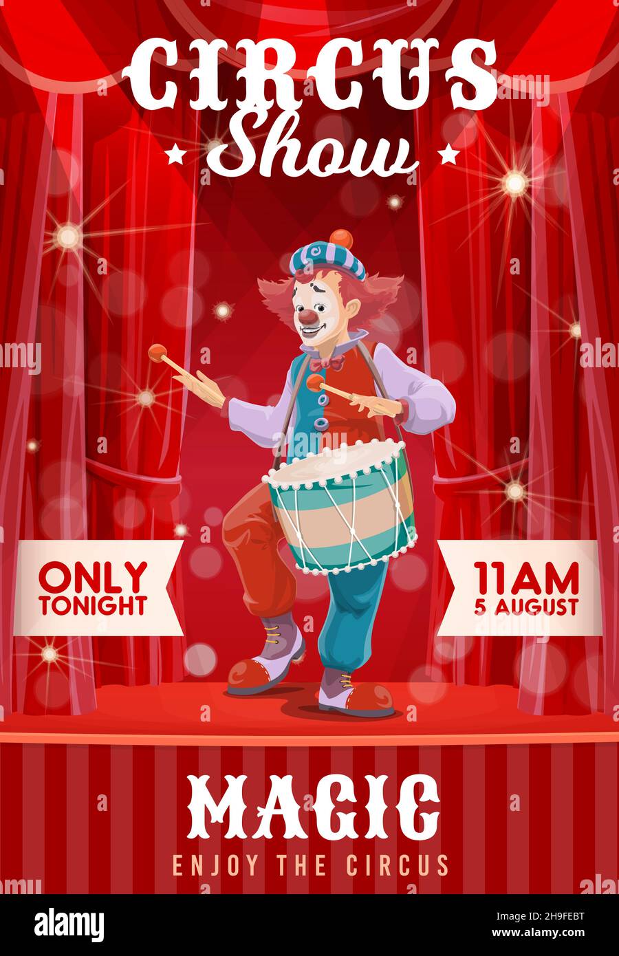 Shapito circus poster with cartoon drummer clown on funfair carnival ...