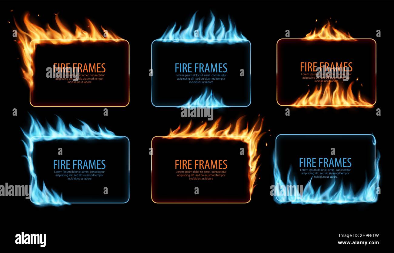 Gas and fire burning flame frames, vector rectangular borders with blue