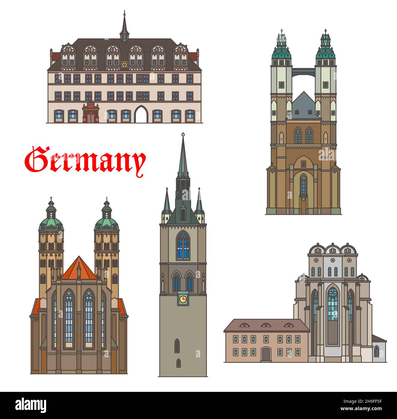 Germany architecture buildings and houses, vector travel landmarks of Naumburg. German architecture of Saale of Sachsen Anhalt, Halle Dom cathedral, M Stock Vector