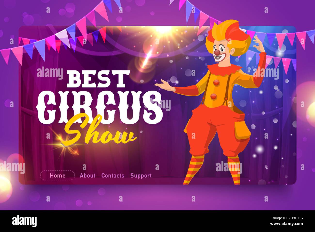 Shapito circus cartoon clown on stage, circus website landing page ...
